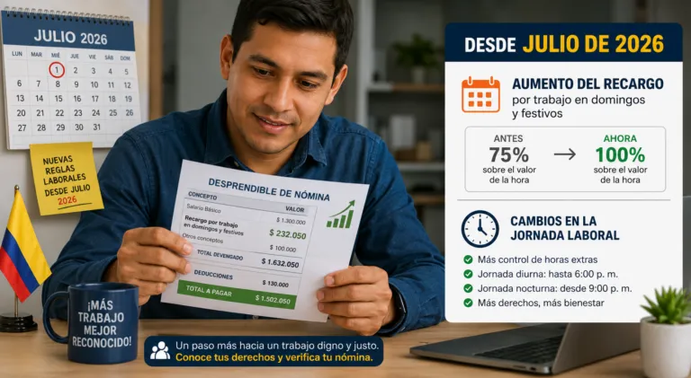 Trabajador colombiano revisando su desprendible de nómina con el aumento del recargo por trabajo en domingos y festivos y los cambios de la jornada laboral desde julio de 2026.