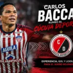 Carlos Bacca durante un partido de fútbol, con una imagen que representa su posible llegada al Cúcuta Deportivo tras su etapa en Junior de Barranquilla.