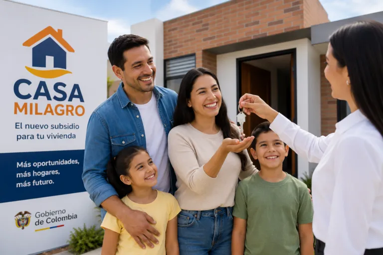 Familia colombiana recibiendo las llaves de su vivienda nueva como representación del programa Casa Milagro, el nuevo subsidio de vivienda anunciado por el Gobierno Nacional.