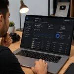 Creador de contenido revisando el panel de monetización de Facebook con estadísticas de ingresos, reproducciones y rendimiento de publicaciones en una computadora portátil.