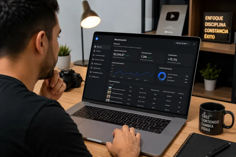 Creador de contenido revisando el panel de monetización de Facebook con estadísticas de ingresos, reproducciones y rendimiento de publicaciones en una computadora portátil.