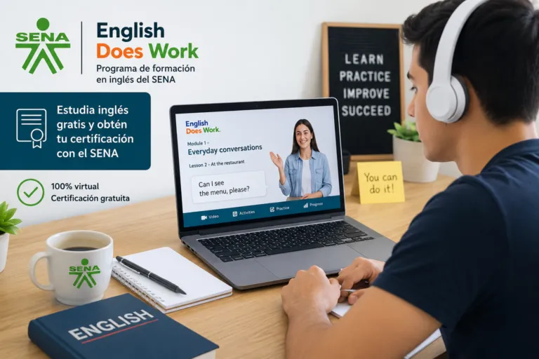 Estudiante siguiendo un curso virtual de inglés del SENA en un computador portátil, como parte del programa English Does Work para obtener certificación gratuita.