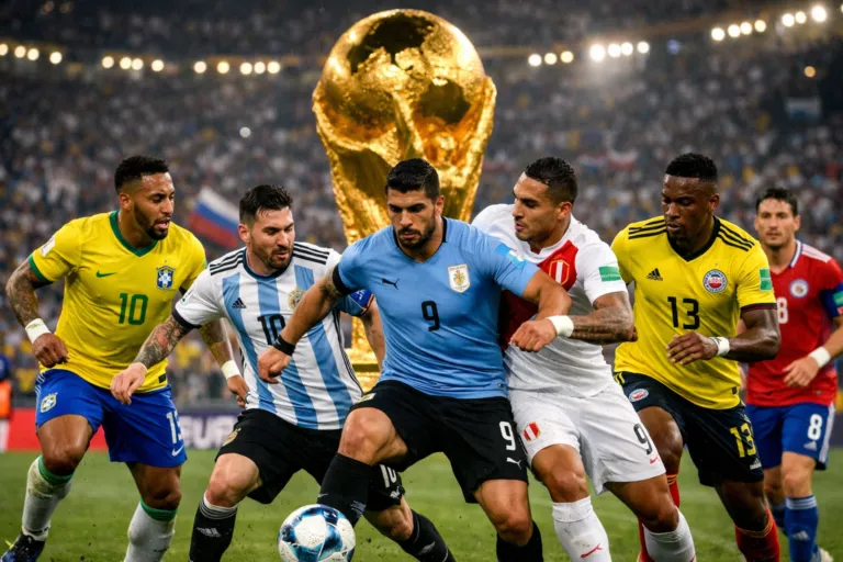 Jugadores de distintas selecciones sudamericanas durante un partido de las Eliminatorias Conmebol rumbo al Mundial 2030, con el trofeo de la Copa del Mundo como referencia al fondo.