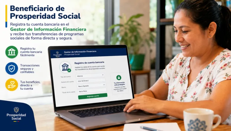 Beneficiario de Prosperidad Social registrando su cuenta bancaria en el Gestor de Información Financiera para recibir transferencias de programas sociales de forma directa y segura.