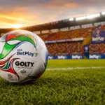 Balón oficial de la Liga BetPlay sobre el césped de un estadio colombiano, representando el inicio del campeonato del segundo semestre de 2026.