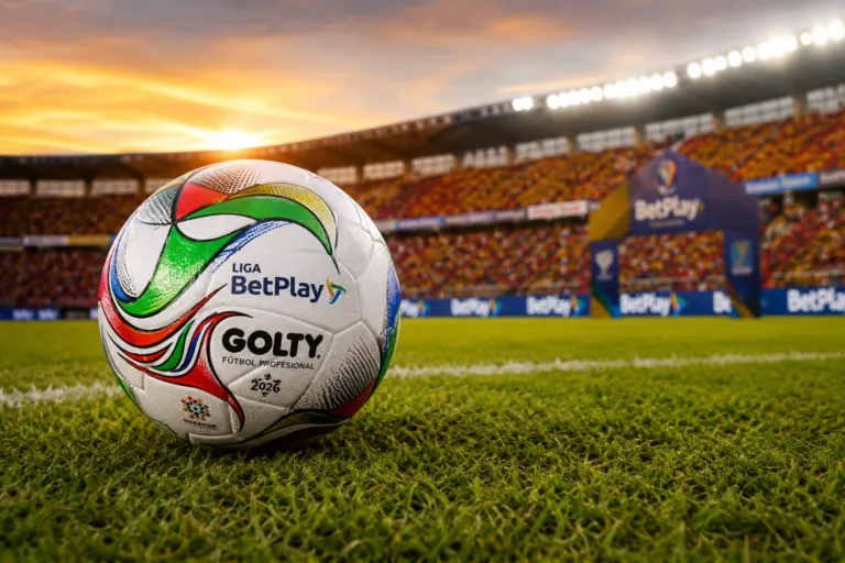Balón oficial de la Liga BetPlay sobre el césped de un estadio colombiano, representando el inicio del campeonato del segundo semestre de 2026.