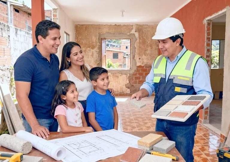 Familia bogotana realizando mejoras en su vivienda gracias al subsidio Mejora tu Cuota de la Secretaría Distrital del Hábitat para apoyar el pago de créditos de mejoramiento.