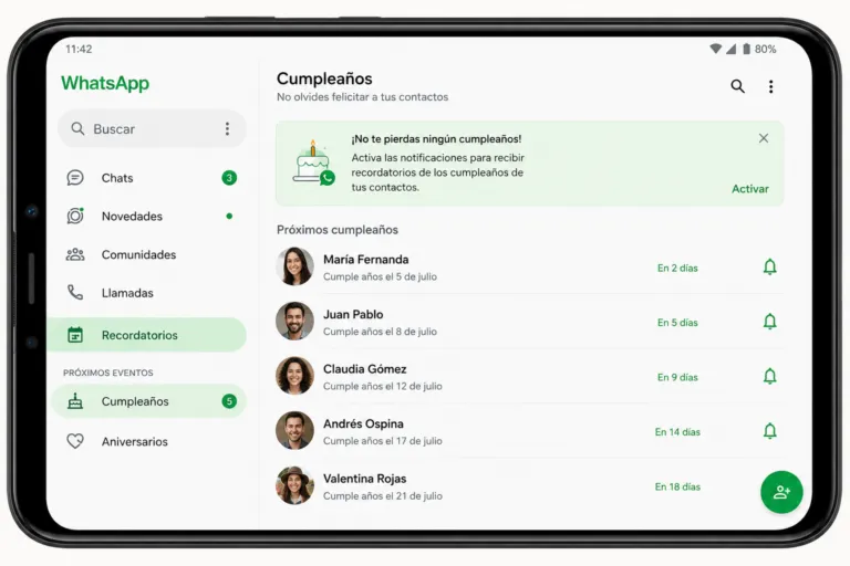 Pantalla de WhatsApp mostrando la nueva sección de recordatorios de cumpleaños con una lista de contactos y notificaciones de próximas celebraciones.