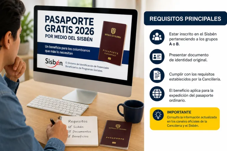 Persona consultando requisitos para obtener pasaporte gratis en Colombia con Sisbén en 2026