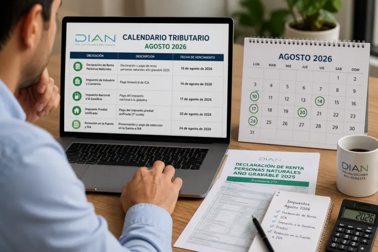 Persona revisando el calendario tributario de agosto de 2026 en un computador portátil, con documentos de impuestos y el calendario de vencimientos de la DIAN sobre un escritorio.