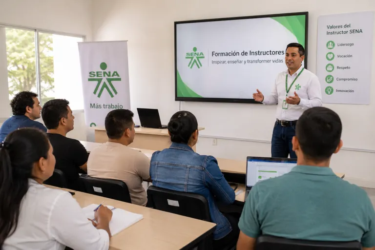 Instructor del SENA orientando una clase presencial en un aula de formación, representando el curso gratuito para futuros instructores ofrecido en Ibagué.