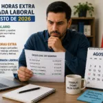 Trabajador colombiano revisando salario, horas extra y jornada laboral en agosto de 2026