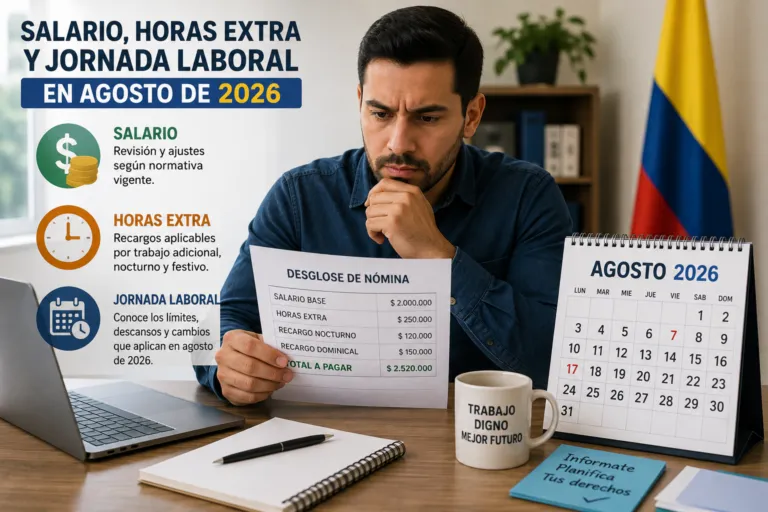 Trabajador colombiano revisando salario, horas extra y jornada laboral en agosto de 2026